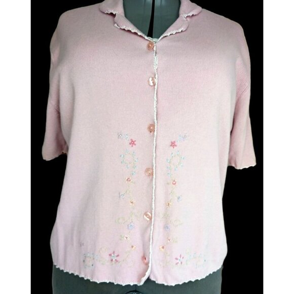 VTG Womens Size Large Embroidered Coquette Feminine Lightweight Cardigan Pink - Picture 1 of 8